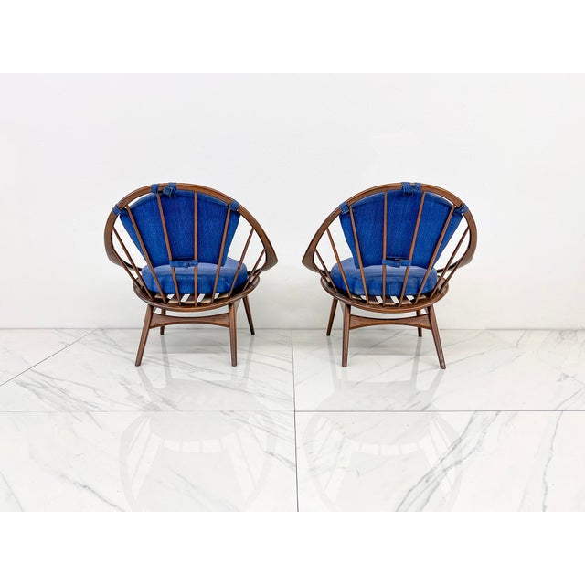Rare Pair of All-Original IB Kofod-Larsen Hoop Chairs in Walnut & Cobalt Offered here is a rare and exceptional pair of IB...
