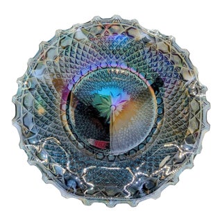 Mid 20th Century Iridescent Pressed Glass Ruffled Console Bowl With Starburst Pattern For Sale