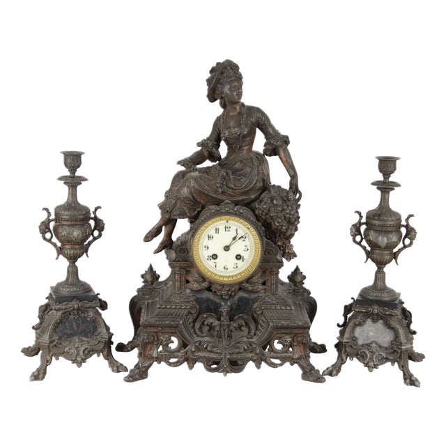 French Fireplace Clock in Bronze with Brass Movement by S. Marti & Cie, 1870s, Set of 3 For Sale