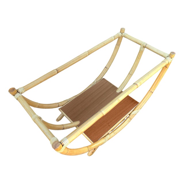 1940s Restored Rattan Boat Shaped Coffee Table With Mahogany Shelf For Sale