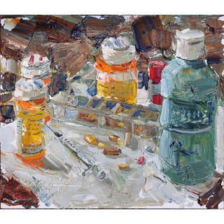 Fuck Cancer by Clyde Steadman | Oil on panel Still life of medicine bottles and syringes For Sale