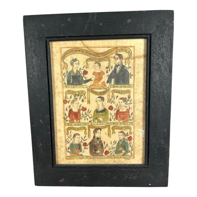 Vintage Jacquelyn Trone Original Watercolor Primitive Walker Family Registry Fraktur Painting For Sale