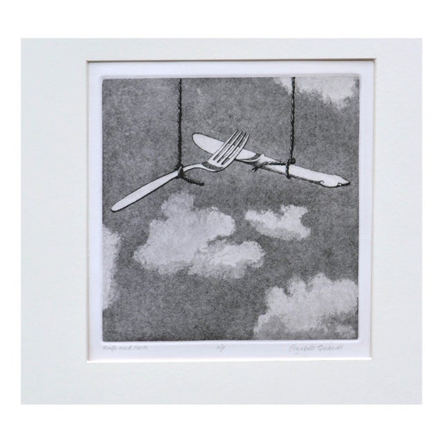 "Knife and Fork" - Surreal Landscape of Cutlery in the Clouds Surreal etching of cutlery hanging in the clouds by...