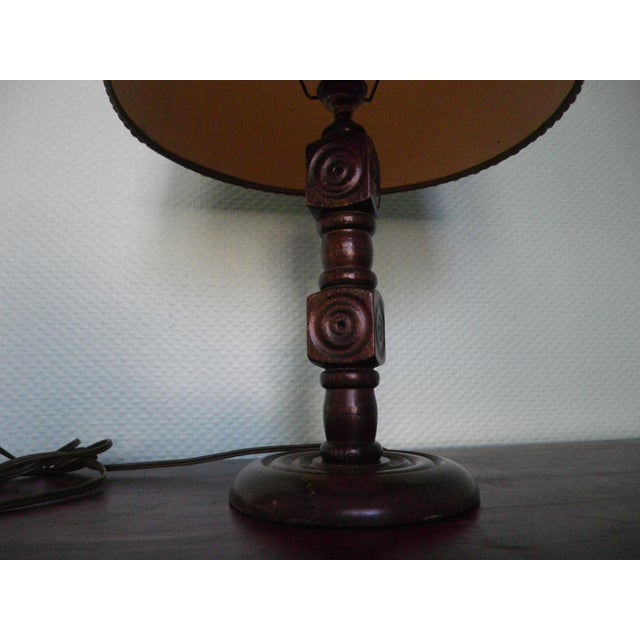 Wooden Table Lamp with Geometric Decor and Fabric Lampshade, France, 1970s For Sale - Image 17 of 18
