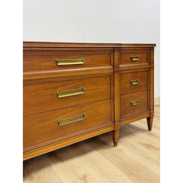 Wood Vintage Dresser Drexel Transitional MCM Nine Drawer Lowboy Brass Handles For Sale - Image 7 of 18