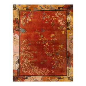 Great Orange Terra Cotta Color With Superb Florid Design Antique Chinese Art Deco Rug