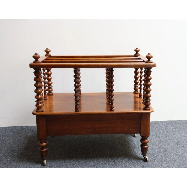 Brown Vintage Victorian Figured Walnut Canterbury Magazine Rack on Casters With Drawer For Sale - Image 8 of 18
