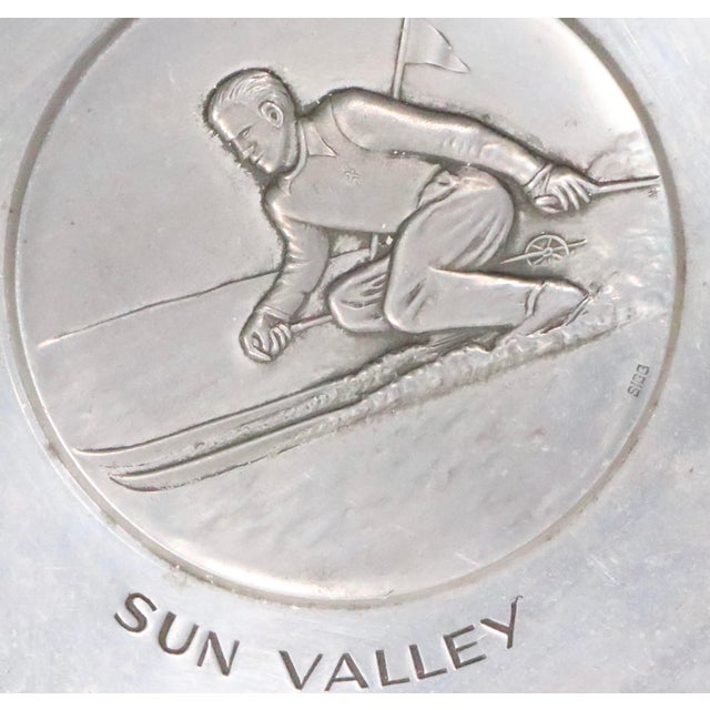 Early 20th Century Early 20th Century Souvenir Art Deco Sun Valley Skier Aluminum Plate Made in Switzerland Marked Sigg For Sale - Image 5 of 8