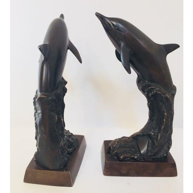 Vintage Pair of Bronze Dolphin Bookends, Mid-Century Nautical Sculptural Decor For Sale In Palm Springs - Image 6 of 13