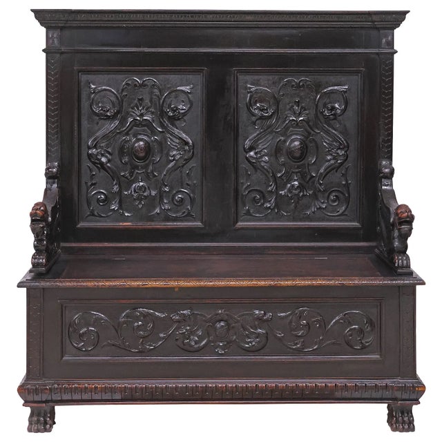 Late 19th Century Hall Bench, Italian Renaissance Revival, Walnut, W/ Dragons, Storage, 1800s! For Sale - Image 5 of 5