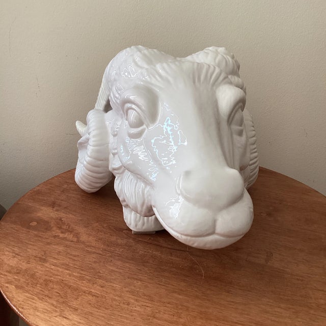 Vintage Neoclassical Italian White Glazed Porcelain Ram's Head Wall Hanging Sculpture, Circa 1980s For Sale - Image 11 of 12