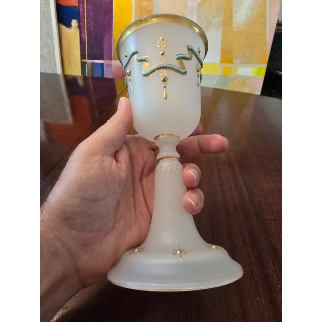 Art Nouveau Antique Bohemian Glass Moser Opaline Jeweled Goblet For Sale - Image 3 of 5