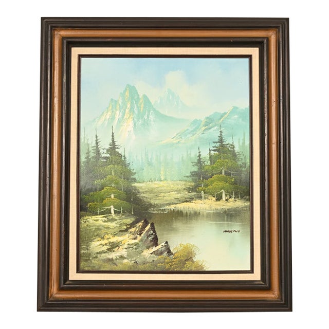 Bob Ross Style Original Signed Mountain River Landscape Oil Painting in Carved Wood Frame For Sale