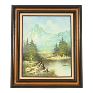 Bob Ross Style Original Signed Mountain River Landscape Oil Painting in Carved Wood Frame