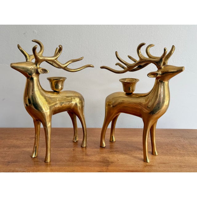 American Handsome Solid Brass Reindeer Candlestick Holder Pair For Sale - Image 3 of 9