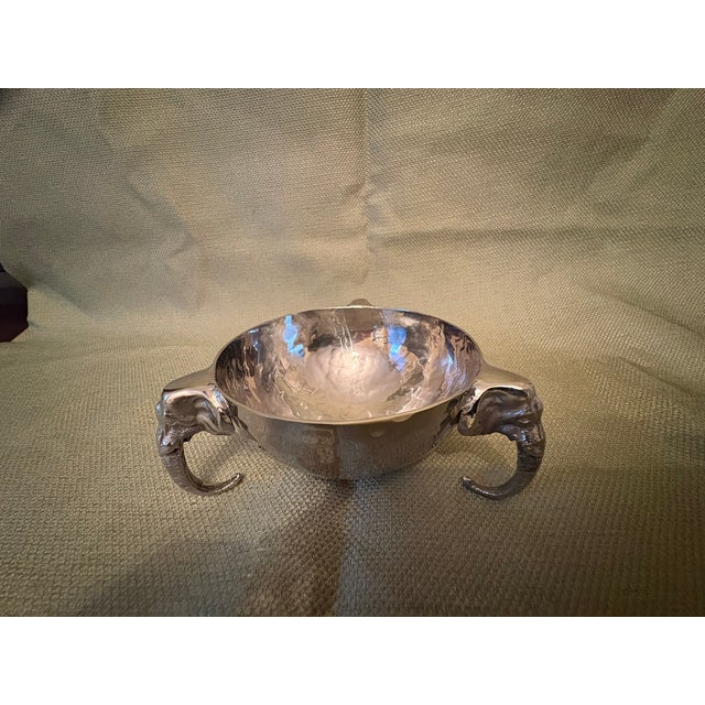 Silver Hammered Bowl With Decorative Elephant Handles, 20th Century