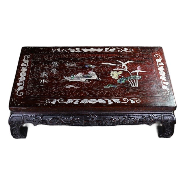 Vintage Rosewood Low Kang Table With Mother-of-Pearl Inlay of Mandarin Ducks For Sale