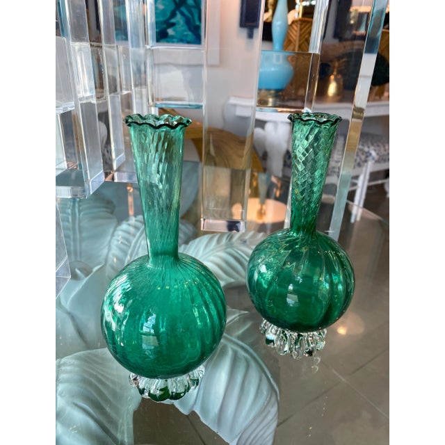 Vintage Murano Emerald Glass Bud Vases -A Pair For Sale - Image 9 of 13