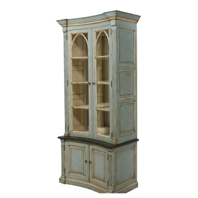 Mid 20th Century Mid 20th Century Pair of Robins Egg Verdigris Concave Neoclassical-Style Gilt and Polychrome Cabinets For Sale - Image 5 of 8