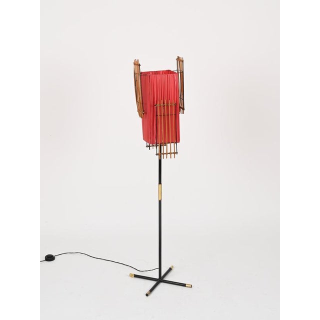Italian Floor Lamp in Metal, Rattan, Brass and Red Acrylic attributed to Dal Vera, 1950s For Sale - Image 15 of 17