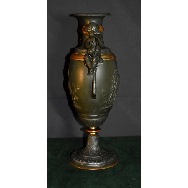 Vintage Mixed Metal Vase French Style Urn With Figural Cherubs and Cranes For Sale - Image 10 of 17
