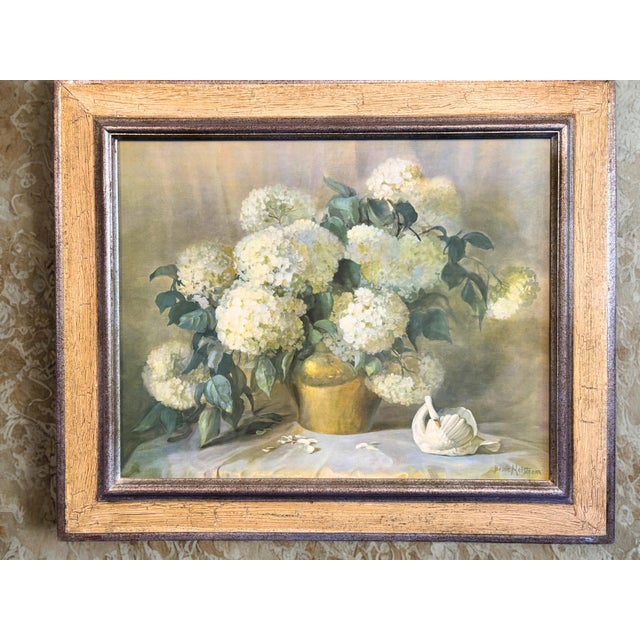 Elegant large-scale still life titled White Hydrangeas by Helstrom (MA86), published by Catalda Fine Arts, Inc., New York...