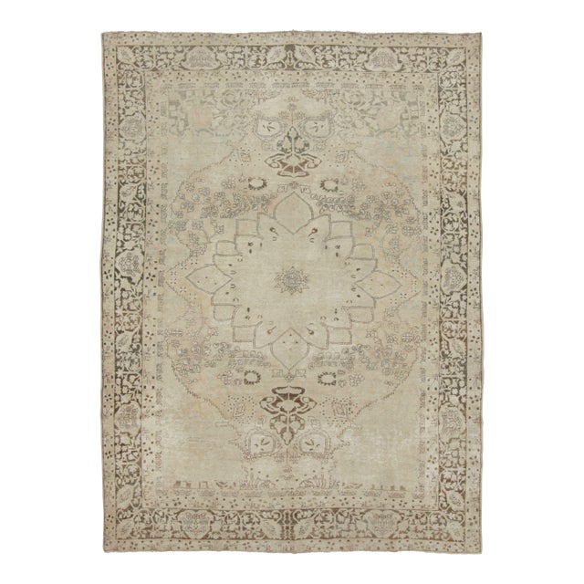 Antique Persian Kerman Rug in Tonal Beige With Floral Patterns - Rug & Kilim For Sale
