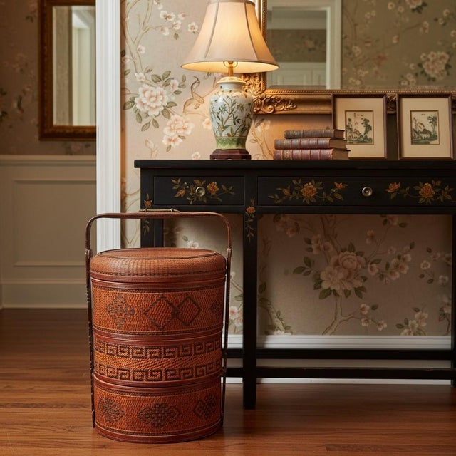 Mid 20th Century Large Chinese Wedding Basket Tiered-Woven Bamboo Rattan-Lacquer-Chinoiserie-Boho For Sale - Image 9 of 11