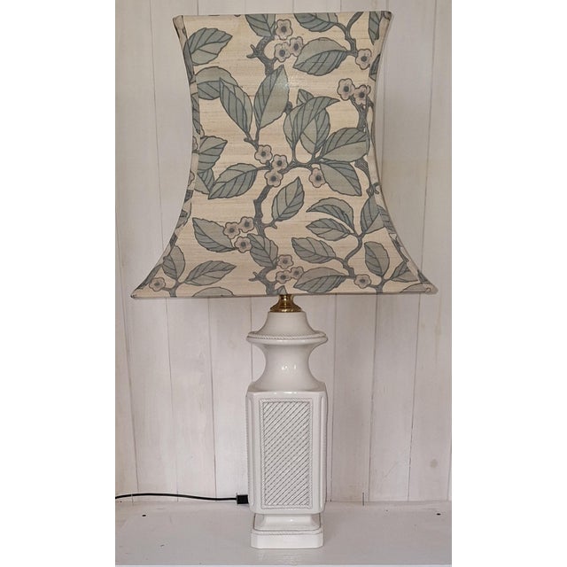 Large Vintage White Ceramic Table Lamp with Fabric Shade, 1980s, in Very Good conditions. Designed 1980 to 1989 European...
