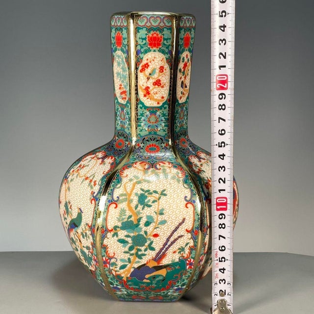 Paint Vintage Chinese Green Ground Famille Rose "Pheasant" Faceted Vase With c.t. Loo Provenance, 1990 For Sale - Image 7 of 9
