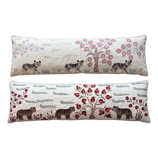 White Tiger Suzani Lumbar Pillow Cover 18'' X 54'' - Set of Two For Sale