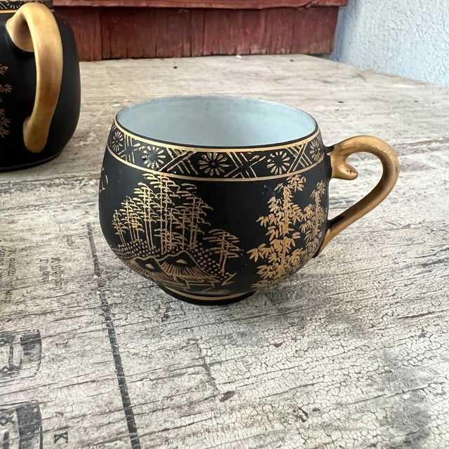 Vintage Kutani China Hand-Painted Black & Gold Japanese Tea Set With Teapot & Cups - Set of 15 For Sale - Image 12 of 18