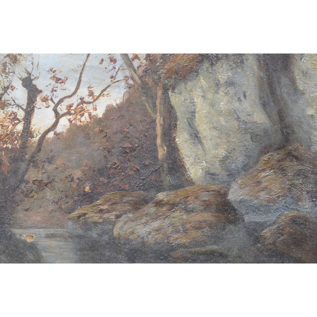 Antique French Woodland Landscape Oil Painting With Rocks and Stream For Sale - Image 12 of 12