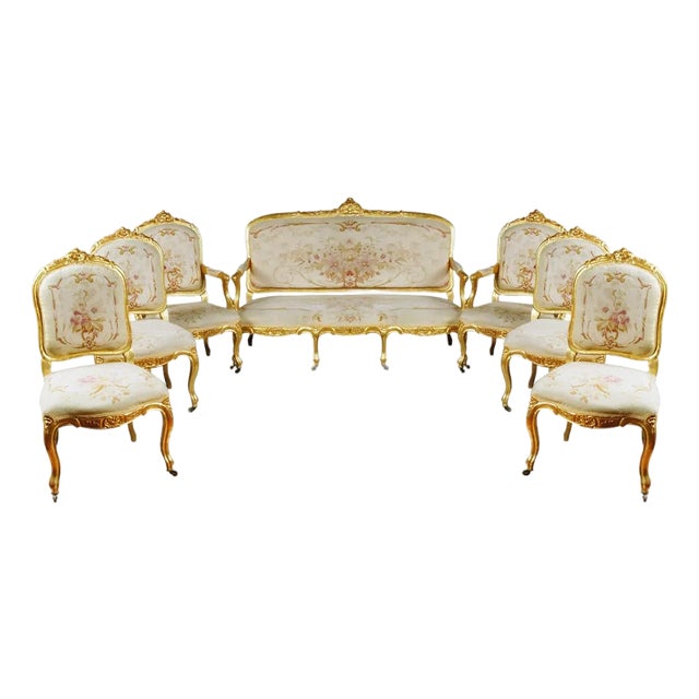 19th Century French Giltwood Aubusson Tapestry 7-Piece Salon Suite For Sale