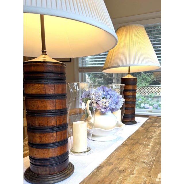 Turned Wood Barrel Form Table Lamps With Shades, Set of 2 For Sale - Image 13 of 18