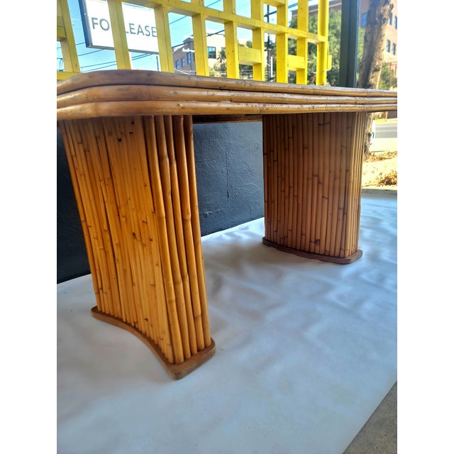 Vintage Rattan Patio Table With Curved Pedestal Bases, Attributed For Sale - Image 11 of 11