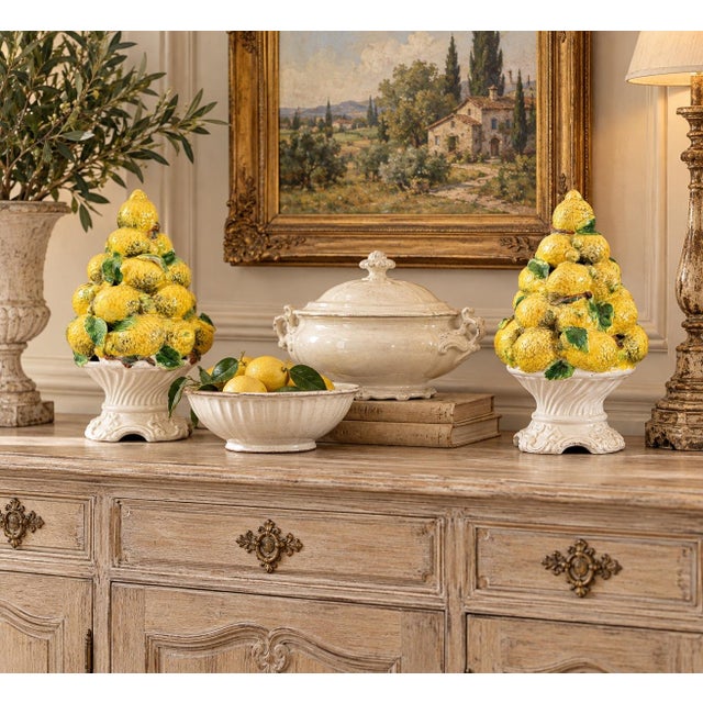 A lovely pair of vintage Italian majolica lemon topiaries centerpieces, circa 1950. Marked "Made in Italy" on reverse....