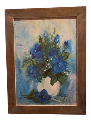 Clara Clayton Impressionist Original Oil of Blue Flowers on Board Painting, Signed