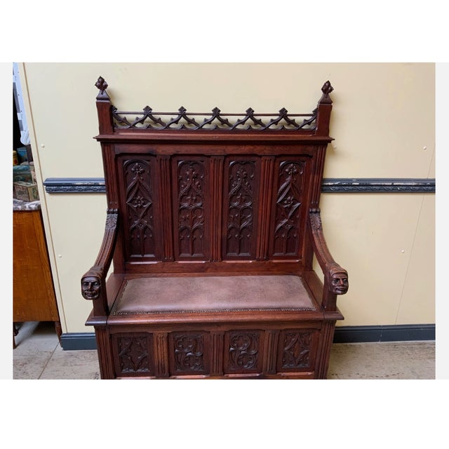 Brown Antique Neo-Gothic Bench, 1880 For Sale - Image 8 of 11