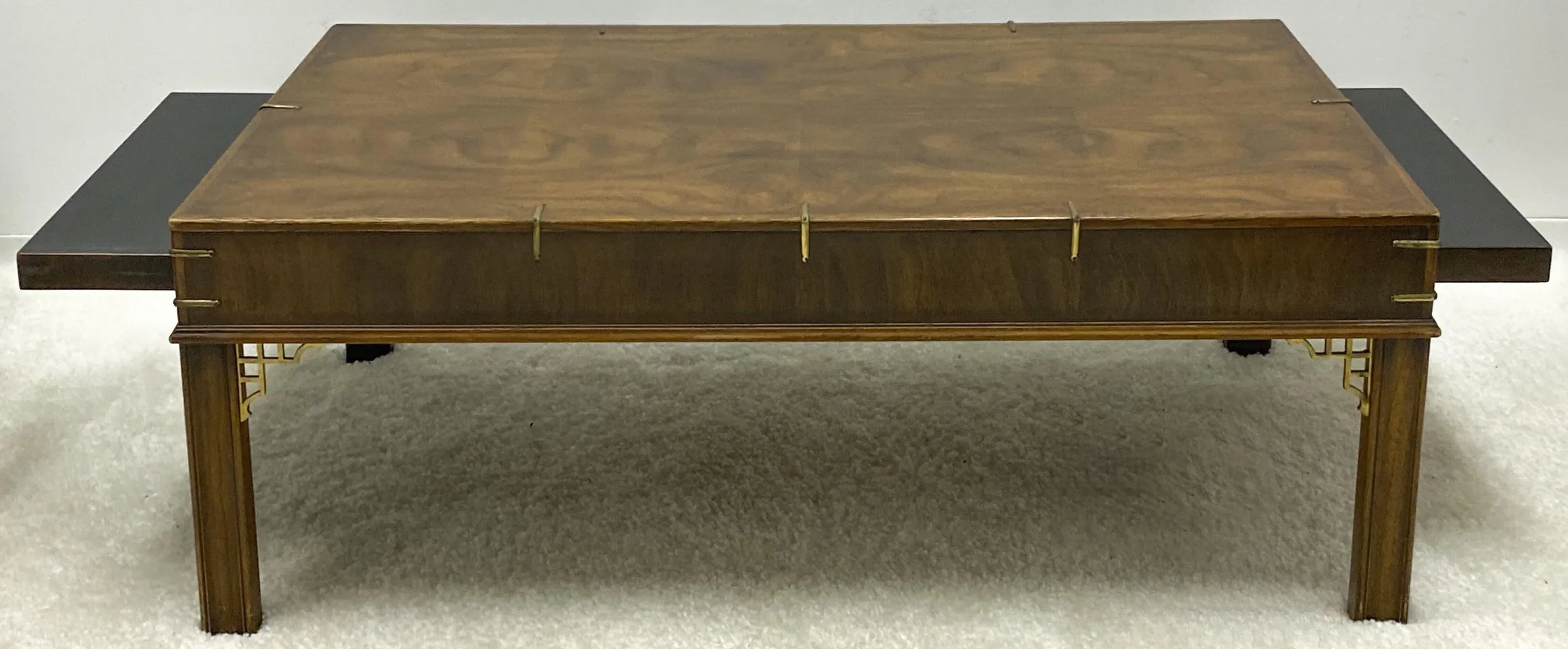 Drexel Heritage Burl Walnut & Brass Chippendale Style Coffee Table