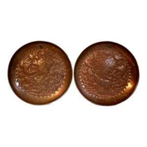 Antique Persian Repousse Copper Wall Plates With Birds & Foliate Design - A Pair