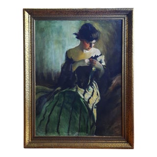 Oil Portrait of Woman in Green and Black, After John White Alexander For Sale