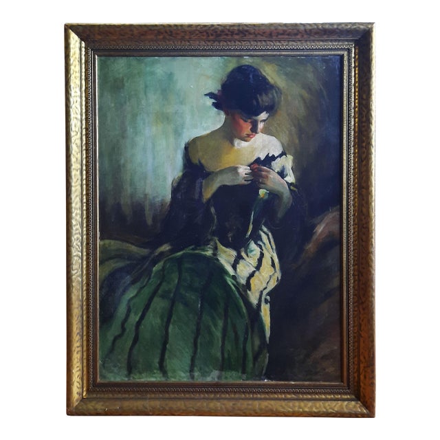 Oil Portrait of Woman in Green and Black, After John White Alexander For Sale