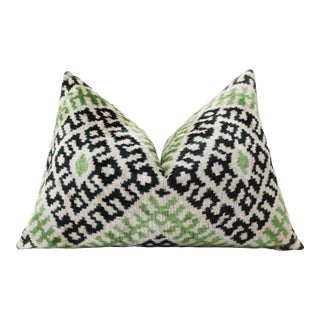 Hand-Knotted Silk Velvet Ikat Lumbar Pillow - 16x24 Moss & Forest Green For Sale