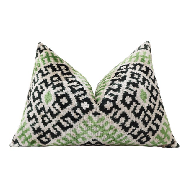 Hand-Knotted Silk Velvet Ikat Lumbar Pillow - 16x24 Moss & Forest Green For Sale