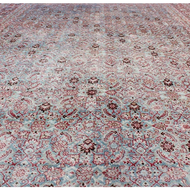 Antique Persian Tabriz Rug With All-Over Geometric Design in Light Blue and Rose Red 7'4 X 11'1 For Sale - Image 4 of 12