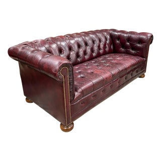 Mid-Century Ralph Lauren Style Tufted Leather Oxblood Chesterfield Sofa For Sale