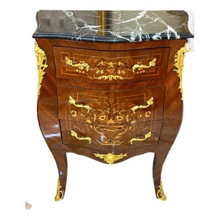 French-Inspired Marquetry Nightstand – 3 Drawers, Gilded Details & Marble Top For Sale