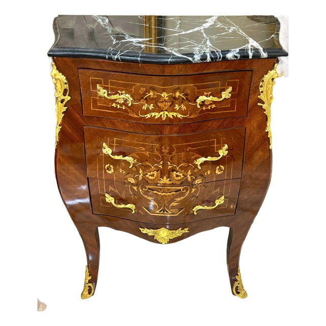 French-Inspired Marquetry Nightstand – 3 Drawers, Gilded Details & Marble Top For Sale