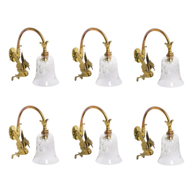 Antique Neo-Classical Ormolu & Glass Griffin Wall Lights, 1890s, Set of 6 For Sale